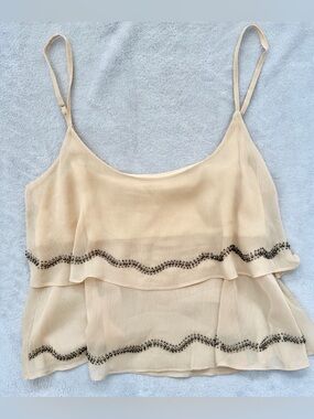 Beige Layered Chiffon Cami with Decorative Beaded Trim